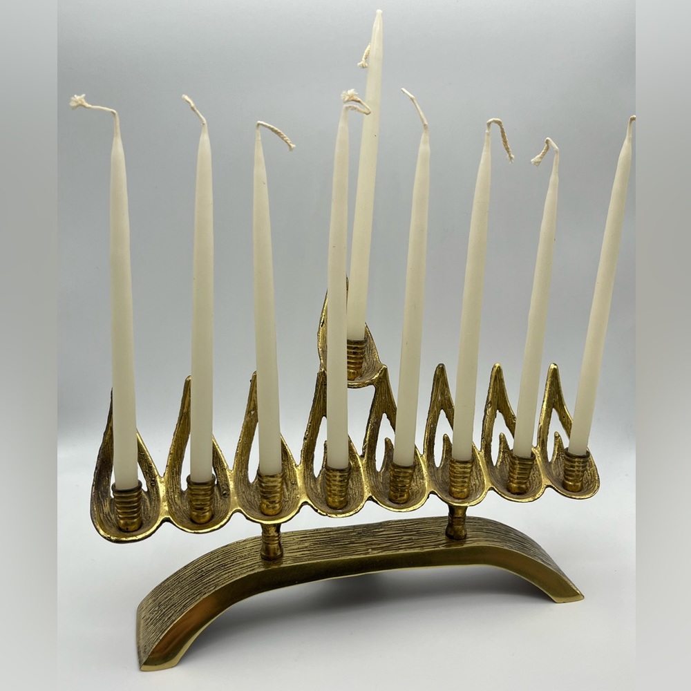 Vintage Judaica Brass Hen Holon Israel Flame Shape Menorah Jerusalem Hanukkah